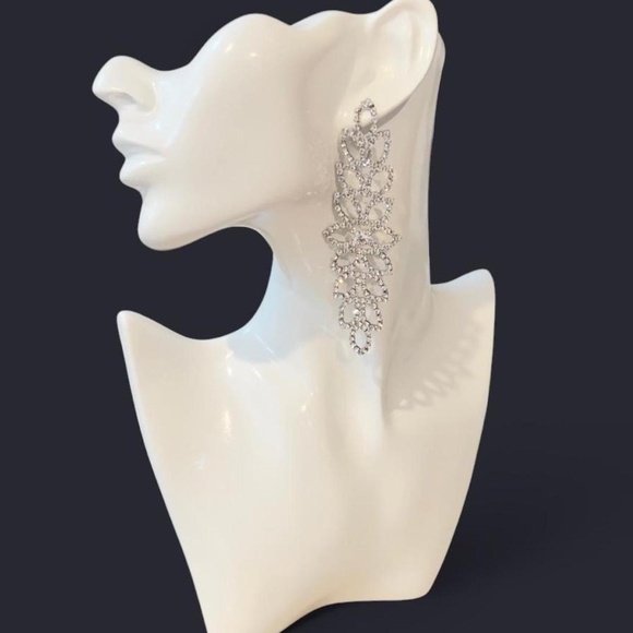 Silver-Tone Rhinestone Leaf Statement Earrings - Picture 1 of 3